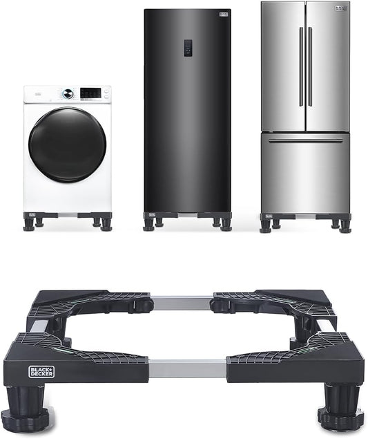 BLACK+DECKER Multi-Functional Stand, 4" H Compact Appliance Pedestal Stand with Anti Vibration Pads, Supports 700 lbs., Adjustable Length & Width 16-24.38", Stainless-Steel Frame, BWS16, Black