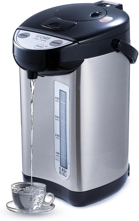 Commercial Chef Electric Hot Water Dispenser, 750W Stainless Steel Water Boiler with 5.8 Qt. Capacity, 360-Degree Base, 3 Dispensing Modes, Chlorine Removal, CHHWD10B, Stainless/Black
