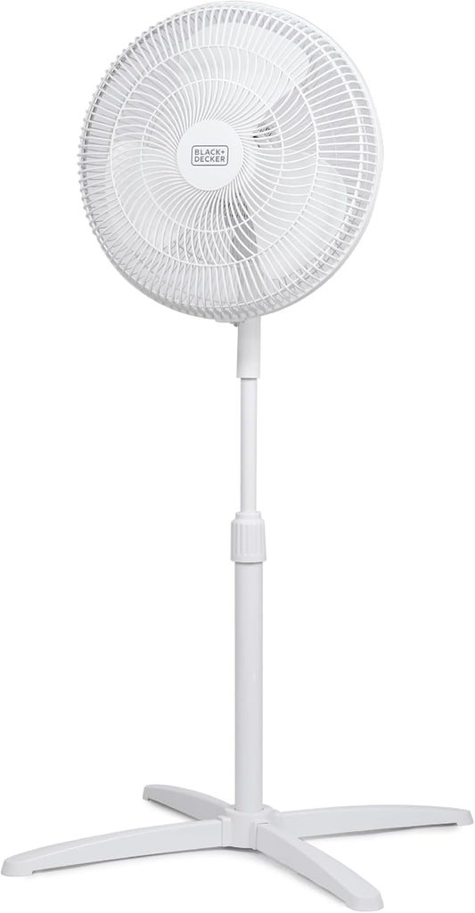 BLACK+DECKER 16-Inch Pedestal Fan, BFP16MXW, Oscillating Fan for Home and Office, Standing Fan with 3 Speed Settings, Height Adjustable Floor Fan with Adjustable Fan Head Tilt, White