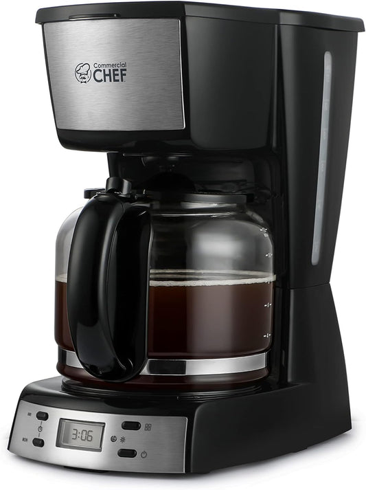 COMMERCIAL CHEF Coffee Maker with Nylon Coffee Filter, Digital 12 Cup Coffee Maker with Glass Pot and Handle, Programmable Coffee Maker with LCD Display