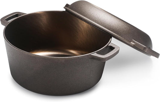 BLACK+DECKER5-Quart Cast Iron Dutch Oven with 10.25-Inch Skillet Lid, Pre-Seasoned Cast Iron Cookware with Bronze Finish & Polished Interior, Works on All Cooktops, BDK202BR, Bronze