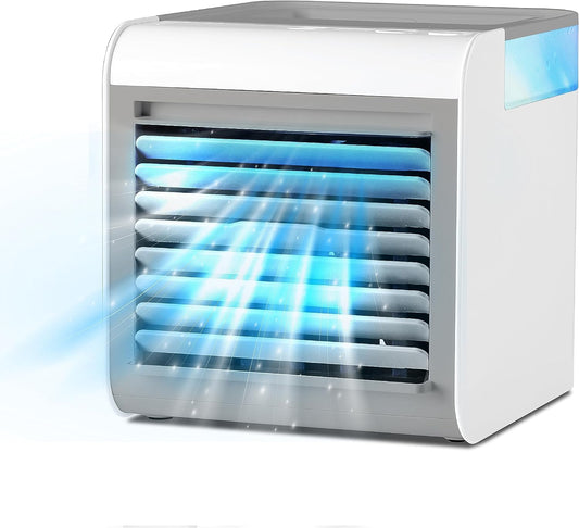 BLACK+DECKER Desktop Air Cooler and Portable Fan, 3-Speed Evaporative Air Cooler with 450ml Water Tank, Mini Cooler Works up to 7 Feet, Air Cooler Fan for Desk, Home, Bedroom, and more, White/Gray