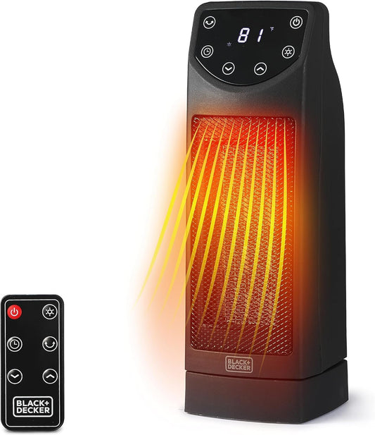 BLACK+DECKER Oscillating Space Heater, Portable Heater with Remote Control, Ceramic Small Space Heater for with Two Heat Settings & LED Display, Small Heater 1500W