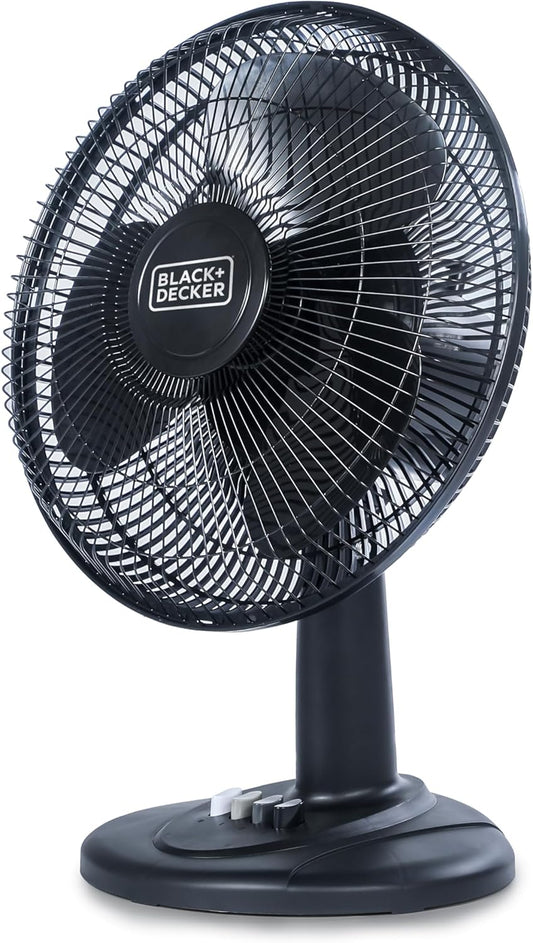 BLACK+DECKER Desk Fan for Home and Office, 12” Fan with 3 Speed Settings, Oscillating Portable Fan for Office Desk, Table Top and Kitchen Table with Adjustable Tilt, Black