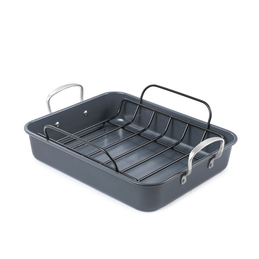 BLACK+DECKER Large Turkey Roasting Pan with Rack, 0.8mm Carbon Steel Baking Pan with Ceramic Non-Stick Coating, Cooking Pan for up to 16 lb. Turkey, U-Shaped Rack Included, Stainless Steel Handles