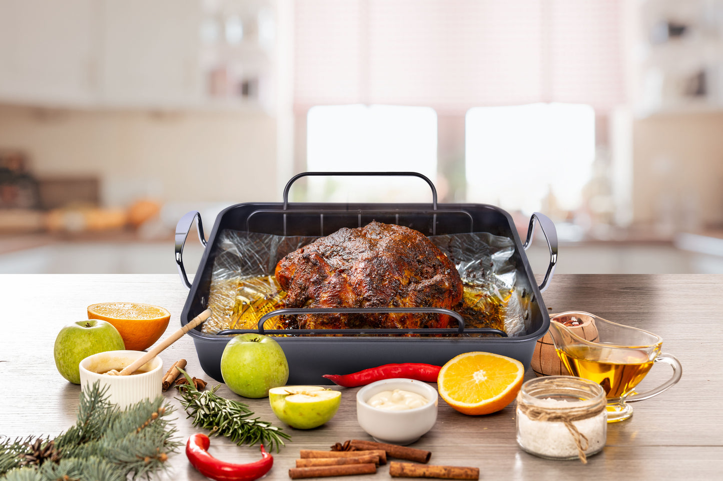 BLACK+DECKER Large Turkey Roasting Pan with Rack, 0.8mm Carbon Steel Baking Pan with Ceramic Non-Stick Coating, Cooking Pan for up to 16 lb. Turkey, U-Shaped Rack Included, Stainless Steel Handles
