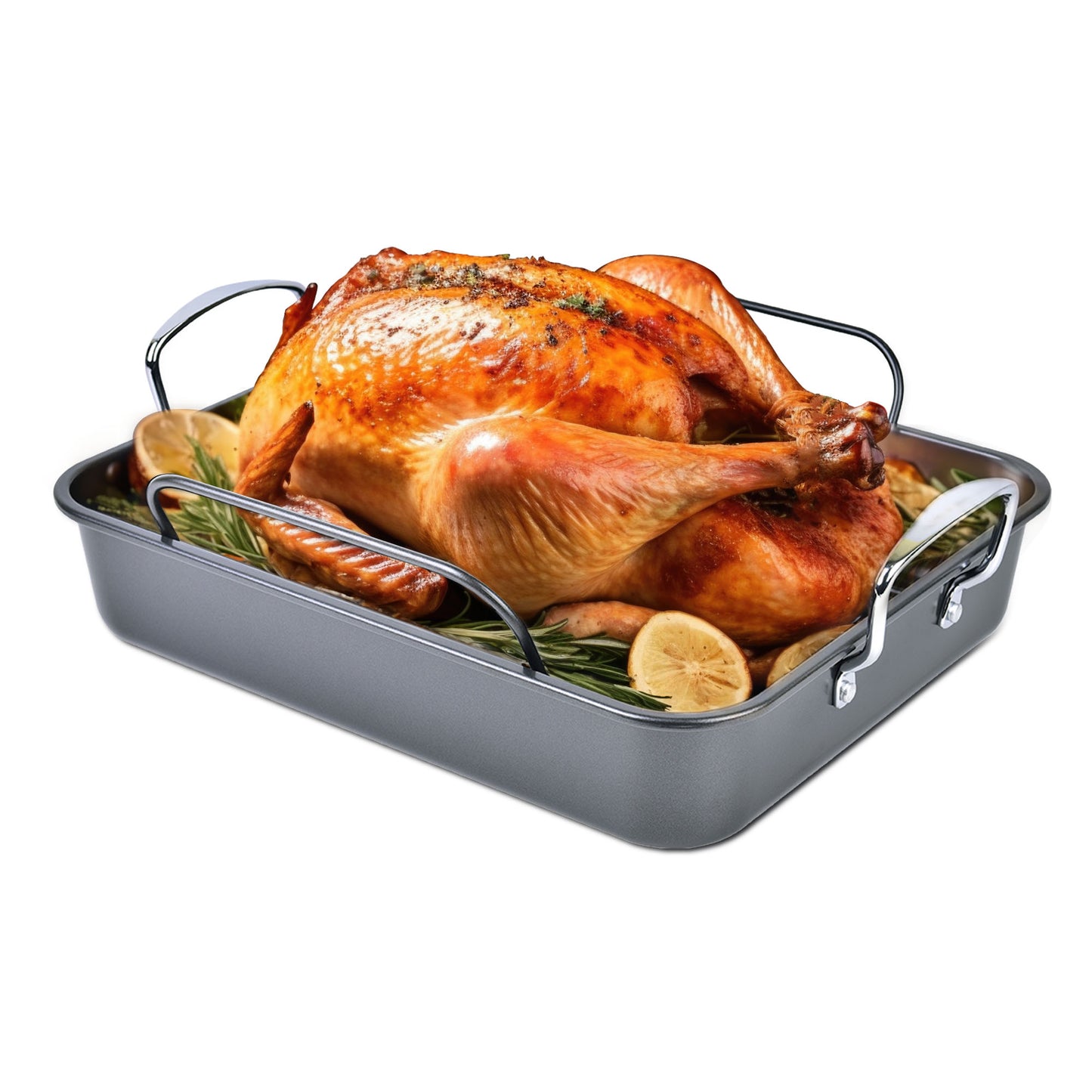BLACK+DECKER Large Turkey Roasting Pan with Rack, 0.8mm Carbon Steel Baking Pan with Ceramic Non-Stick Coating, Cooking Pan for up to 16 lb. Turkey, U-Shaped Rack Included, Stainless Steel Handles