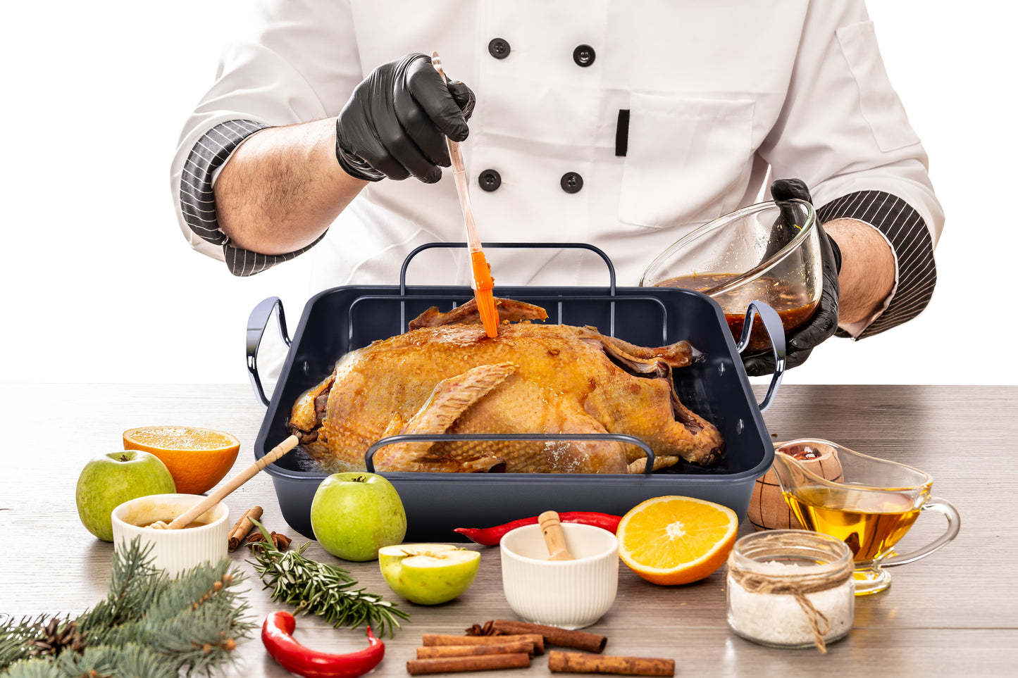 BLACK+DECKER Large Turkey Roasting Pan with Rack, 0.8mm Carbon Steel Baking Pan with Ceramic Non-Stick Coating, Cooking Pan for up to 16 lb. Turkey, U-Shaped Rack Included, Stainless Steel Handles