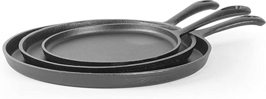 COMMERCIAL CHEF Preseasoned Round Cast Iron Griddle Pan 3-Piece Set