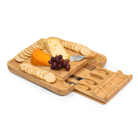 COMMERCIAL CHEF Cheese Board Premium Bamboo Kitchen Cutting Board Wood Set Charcuterie Platter Serving Tray, 4 Stainless Steel Knife and Server Set, Large