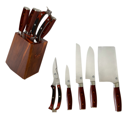 COMMERCIAL CHEF 6-Piece Knife Set with Pakka Wood Handles and Block, Brown