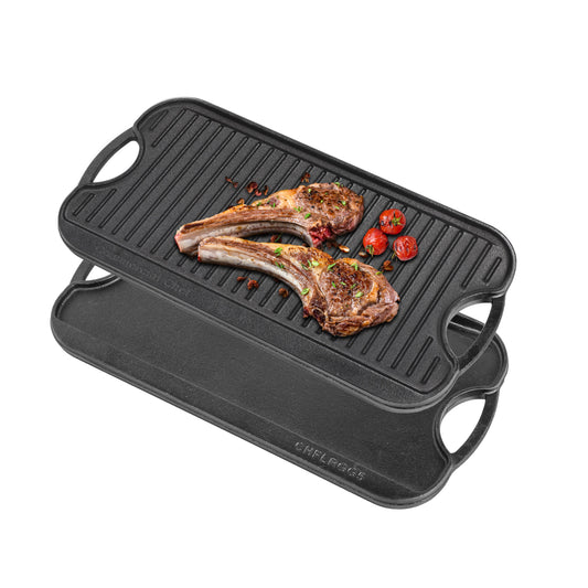 COMMERCIAL CHEF Pre-Seasoned Cast Iron Reversible Grill Griddle  20" x 10", Black