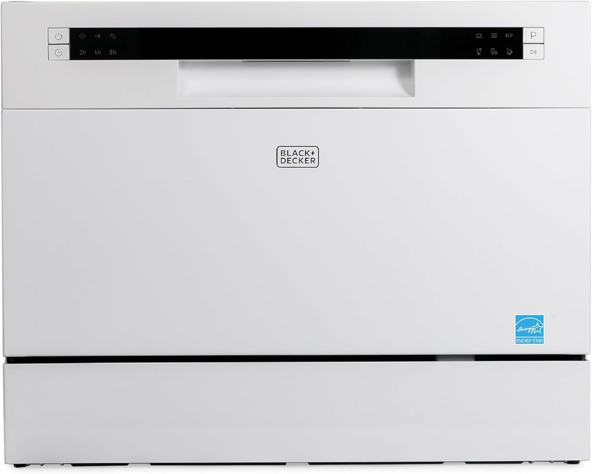 BLACK+DECKER Countertop Dishwasher, Counter Dishwasher with 6 Wash Programs, 6-Place Setting Capacity, Stainless Steel Interior, ENERGY STAR Certified, BCD6SD, White