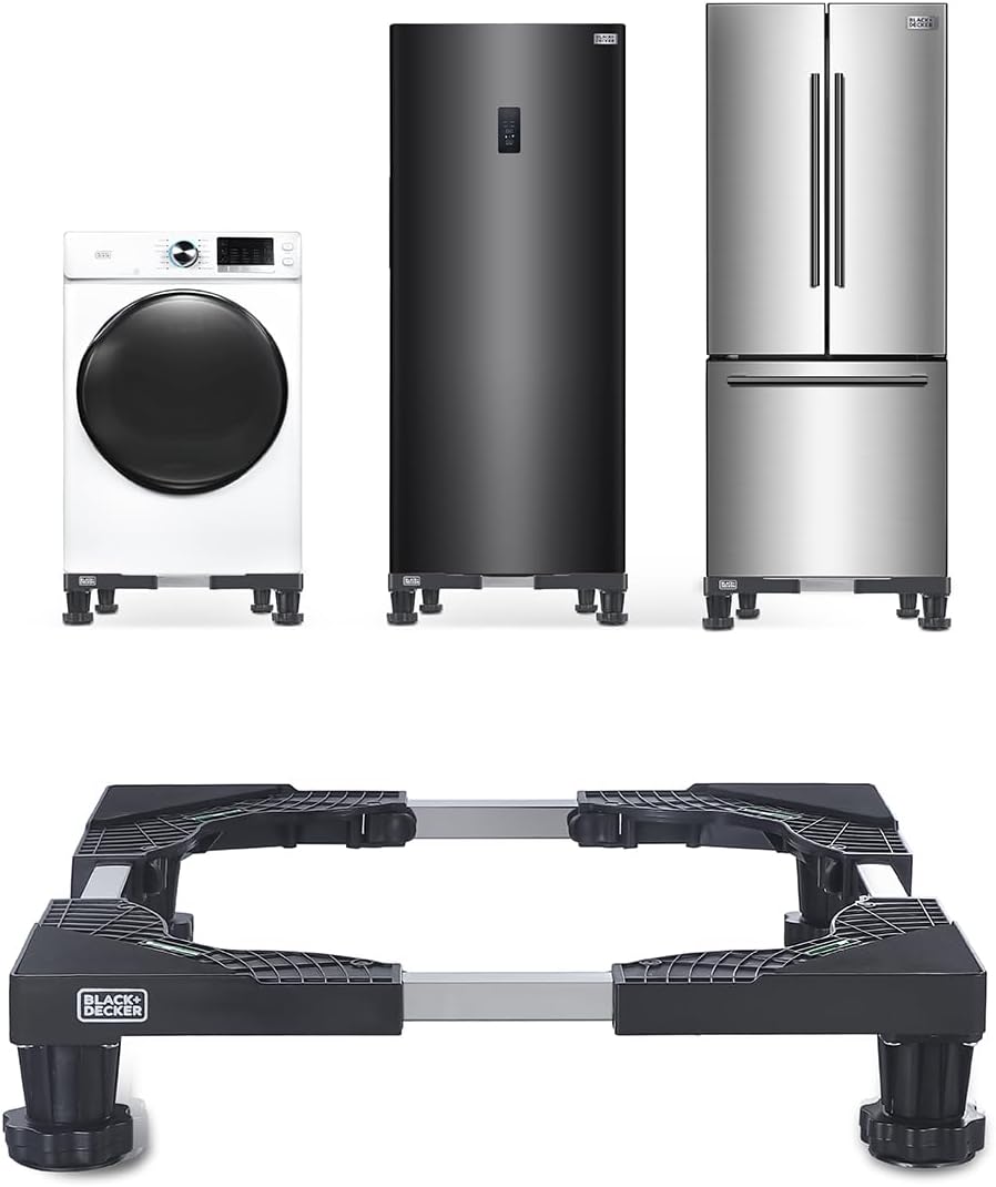 BLACK+DECKER Multi-Functional Stand, 4" H Compact Appliance Pedestal Stand with Anti Vibration Pads, Supports 700 lbs., Adjustable Length & Width 16-24.38", Stainless-Steel Frame, BWS16, Black