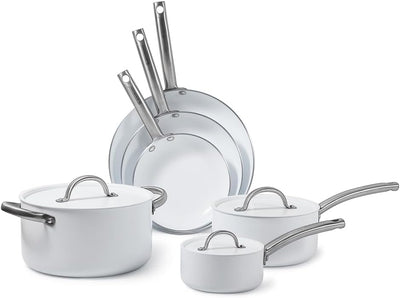 BLACK+DECKER 9-Piece Ceramic White Aluminum Cookware Set, Pots and Pans Set with Ceramic Non-Stick Coating