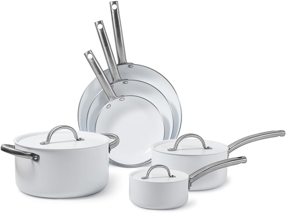 BLACK+DECKER 9-Piece Ceramic White Aluminum Cookware Set, Pots and Pans Set with Ceramic Non-Stick Coating
