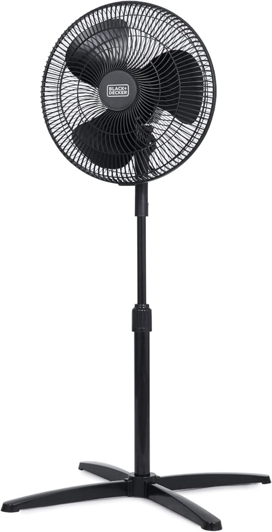 BLACK+DECKER 16-Inch Pedestal Fan, BFP16MXB, Oscillating Fan for Home and Office, Standing Fan with 3 Speed Settings, Height Adjustable Floor Fan with Adjustable Fan Head Tilt, Black