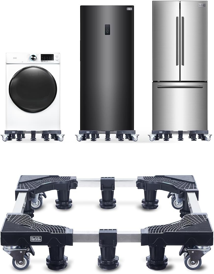 BLACK+DECKER Full-Size Multi-Functional Stand with Wheels, 4"H Major Appliance Pedestal Dolly Stand with Anti Vibration Pads, Supports 700 lbs., Adjustable 24-31", Stainless-Steel Frame, BWS24, Black