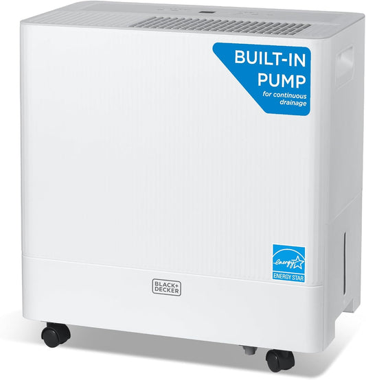 BLACK+DECKER 50-Pint Portable Dehumidifier with Built-in Pump, Dehumidifier with Pump for up to 4500 Sq. Ft. Coverage, ENERGY STAR Certified, For Home and Large Spaces, BD50PMWSA, White
