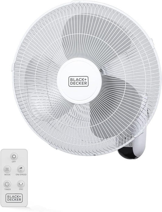 BLACK+DECKER 16" Wall Fan with Remote Control, Oscillating Fan with 3 Speed Settings and Shut Off Fan Timer, Wall Mount Fan with Adjustable Tilt Angle, White