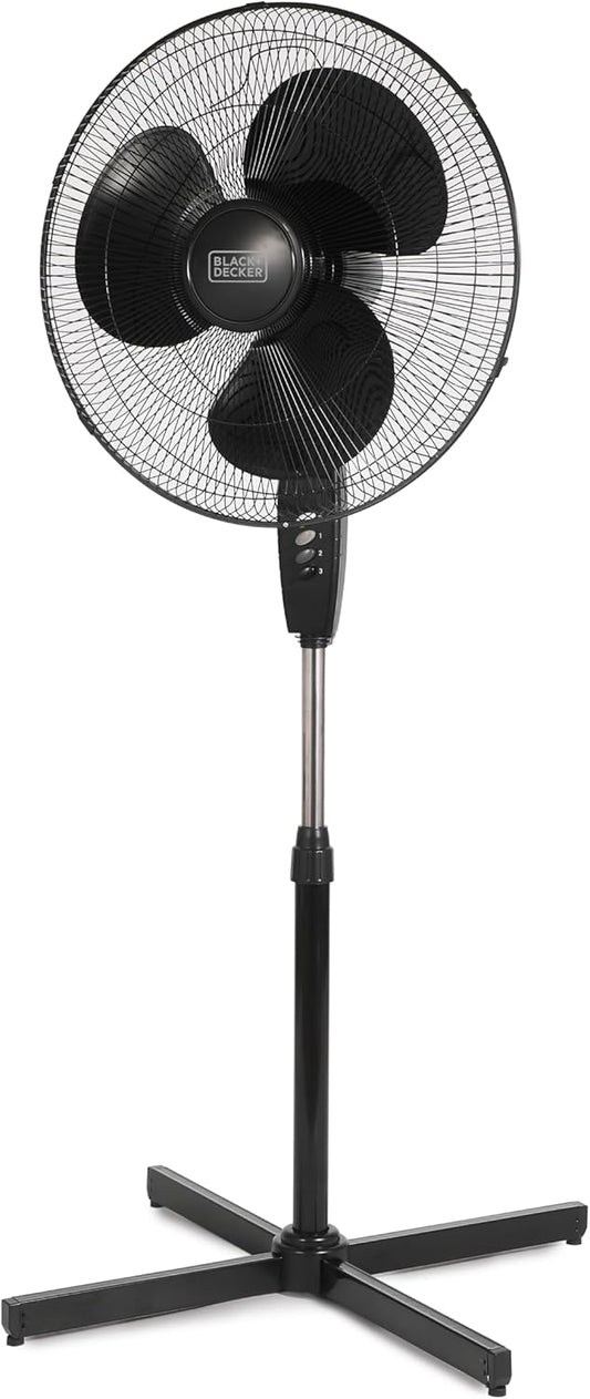 BLACK+DECKER 18-Inch Pedestal Fan, BFP18SXB, Oscillating Fan for Home and Office, Standing Fan with 3 Speed Settings, Height Adjustable with Adjustable Head Tilt, Black