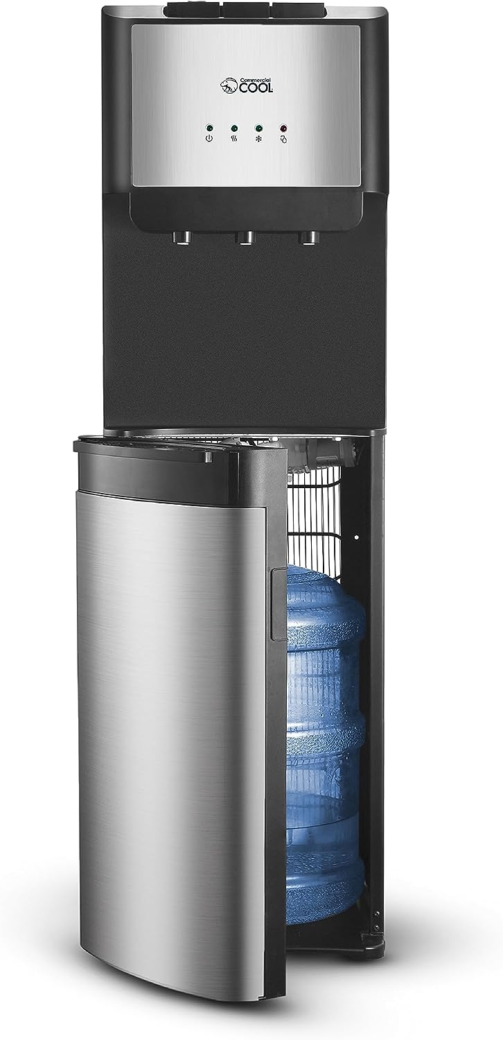 Commercial Cool Bottom Loading Water Dispenser, For 3 or 5 Gallon Water Bottle Jugs, Black with Stainless Steel Door & Trim, Push Button Controls, water cooler dispenses cold, hot or room Bottom