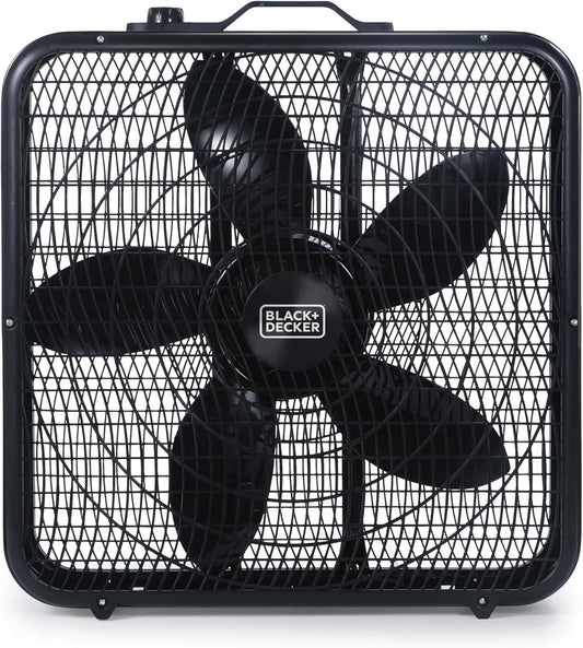 BLACK+DECKER Box Fan with 3 Speed Settings, 20” Box Fan with Carrying Handle, Rotary Knob and Recessed Cord Storage, Portable Fan and Cooling Fan for Home, Office, Garage, Basement & More