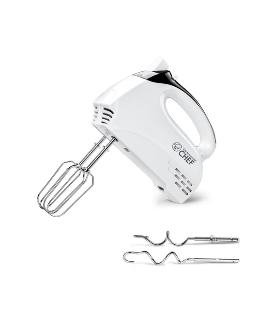 COMMERCIAL CHEF Hand Mixer with 5 Speeds, Hand Blender 250W, Hand Mixer Electric with Soft Touch Ergonomic Handle and Dough Hooks with Wire Beaters, White