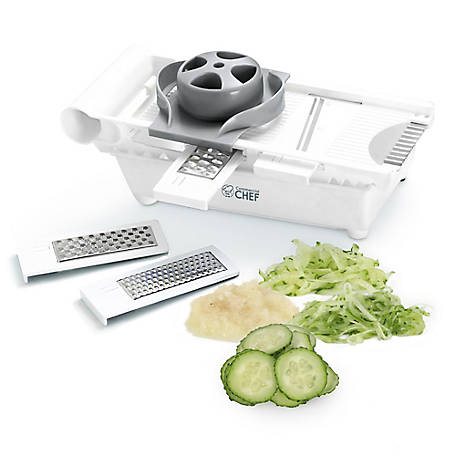 Commercial Chef Multipurpose Vegetable Slicer and Grater Set , 4 Interchangeable Stainless Steel Blades with Hand Guard & Storage Bin, Durable Slices, Grates, Shreds, Garnishes