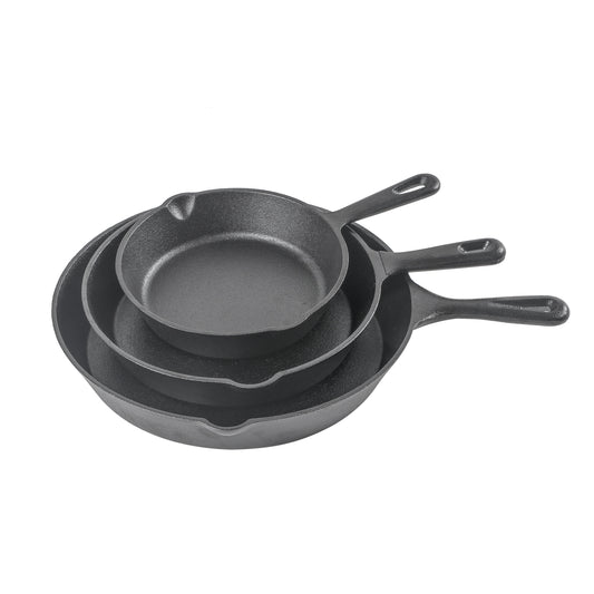 COMMERCIAL CHEF Pre-Seasoned Cast Iron 3-Piece Skillet Set, Black
