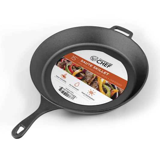 COMMERCIAL CHEF Pre-Seasoned Cast Iron Skillet 15" with Lopped Handle, Black
